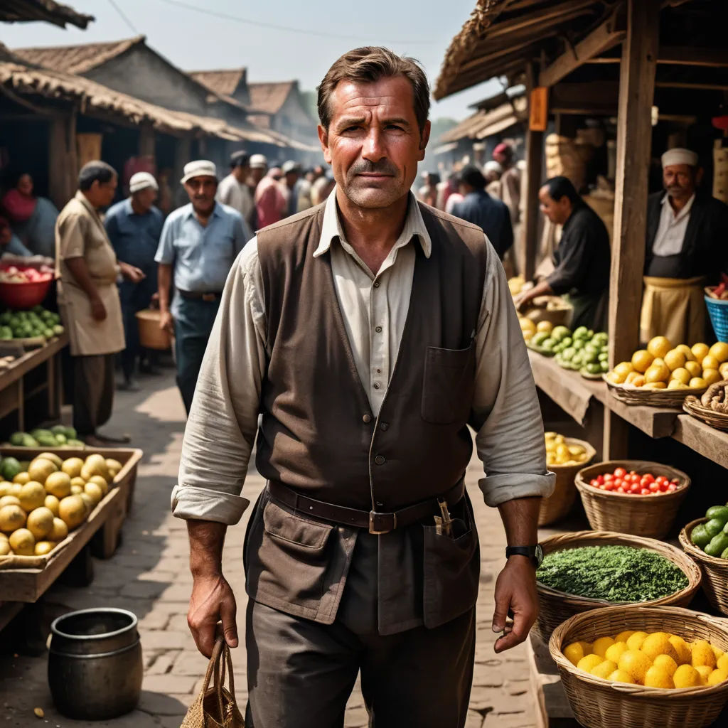 a man in a market with a lot of fruit and vegetables in baskets and baskets on the ground and people in the background, magical realism, a character portrait, Fikret Muallâ Saygı, promotional image