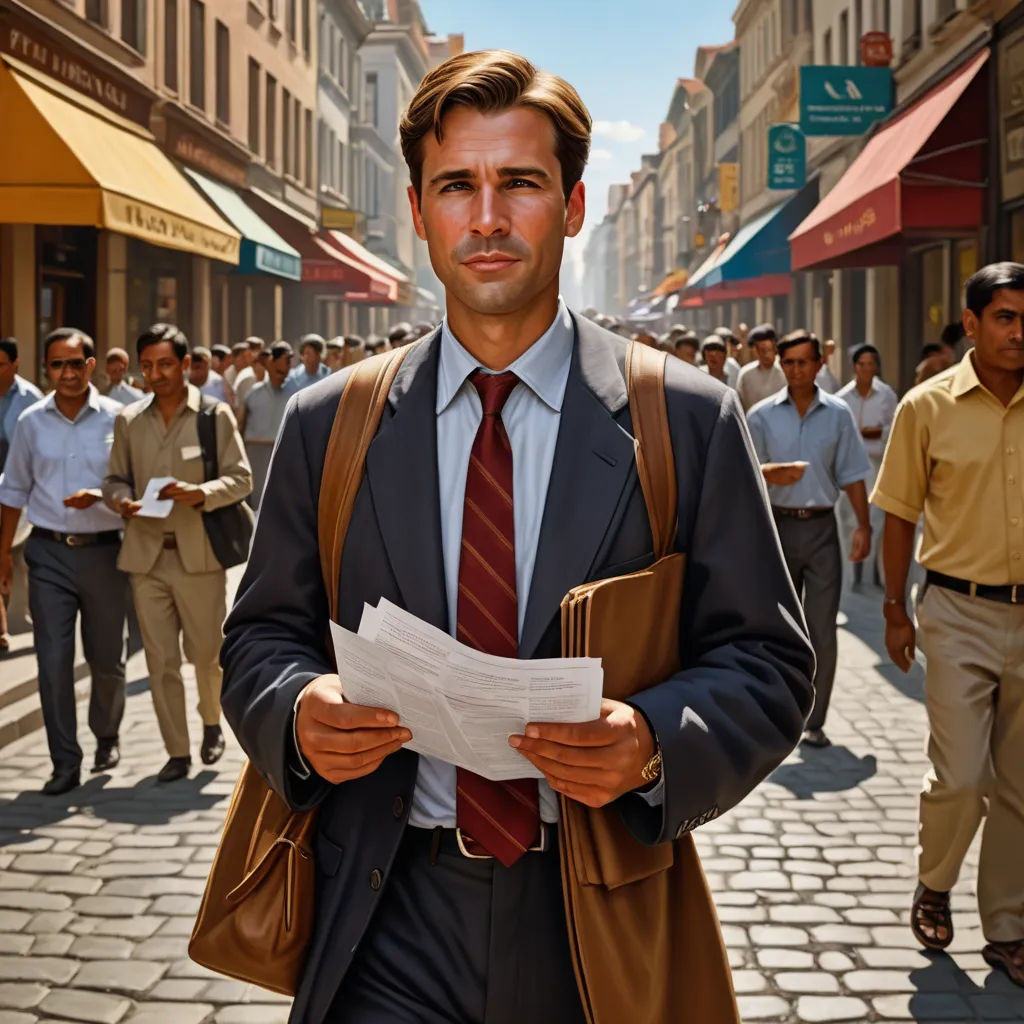 a man in a suit and tie holding a piece of paper in his hands while walking down a street, fantastic realism, a colorized photo, Alson S. Clark, j. c. leyendecker 8 k