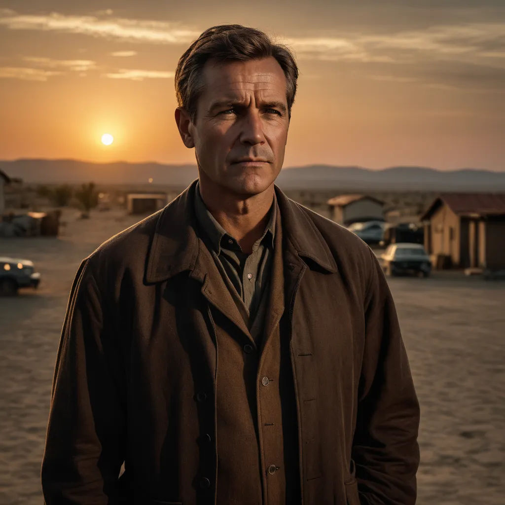 a man standing in a parking lot at sunset with a house in the background and a car in the foreground, dau-al-set, a poster, David Annand, promotional image