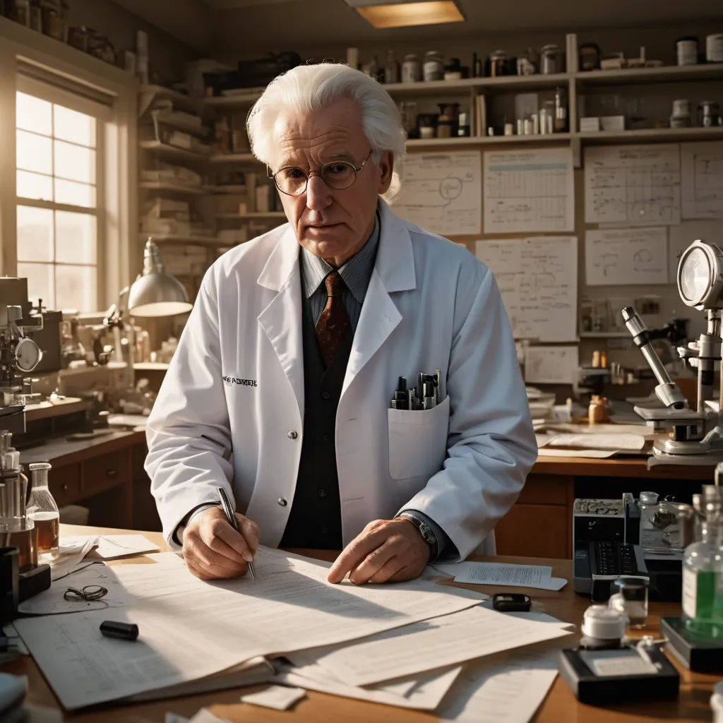 a man in a lab coat sitting at a table with papers and microscopes on it, looking at the camera, naturalism, a character portrait, Alson S. Clark, mitchell mohrhauser