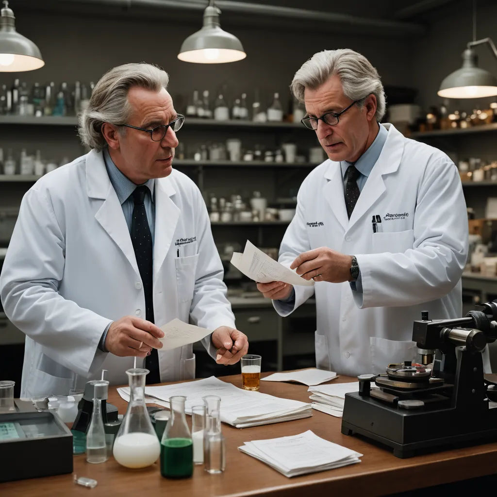 two men in lab coats looking at papers in a laboratory setting with a typewriter and microscopes on the table, institutional critique, a stock photo, Andries Both, movie still