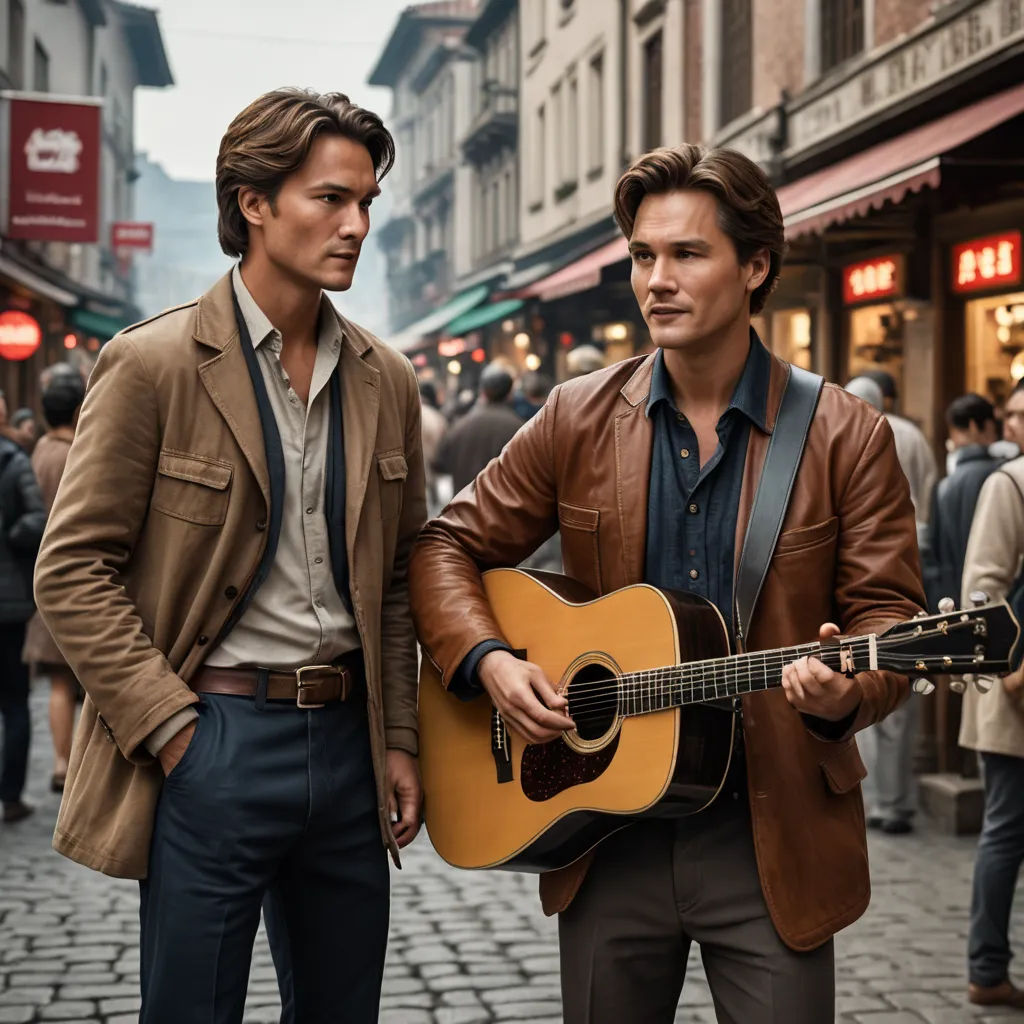 two men standing on a street playing guitars and singing into a microphone, with a crowd of people in the background, kitsch movement, a poster, Armin Hansen, promotional image