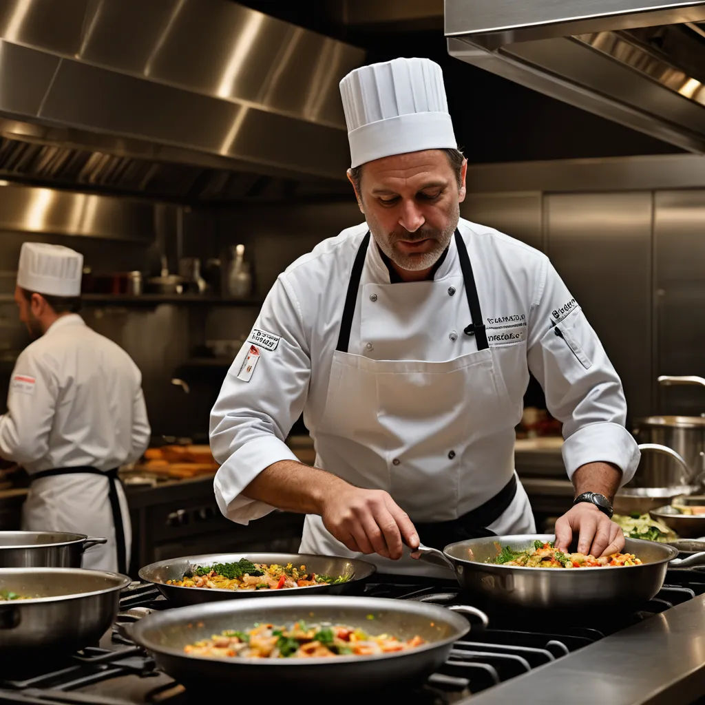 a chef is preparing food in a kitchen with other chefs in the background and a stove top oven with a variety of pans, barbizon school, a stock photo, Enrico Baj, professional food photography