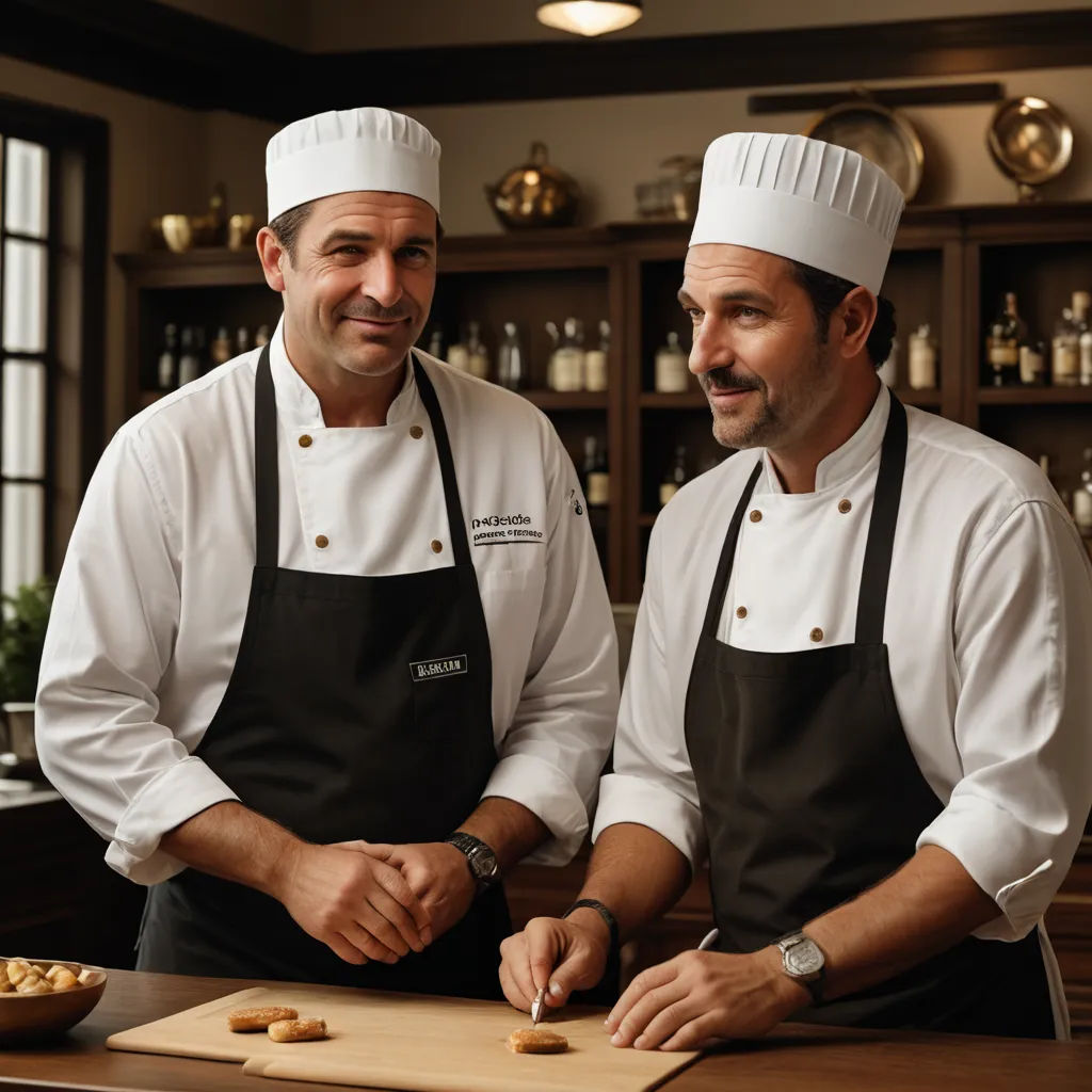 two chefs are preparing food in a kitchen together, one is cutting a cookie and the other is smiling, les nabis, a stock photo, Enguerrand Quarton, promotional image