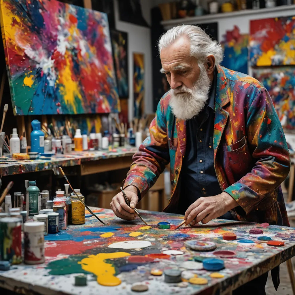 a man with a beard painting on a canvas in a studio with lots of paint and brushes in his hands, naive art, an ultrafine detailed painting, Affandi, triadic color scheme