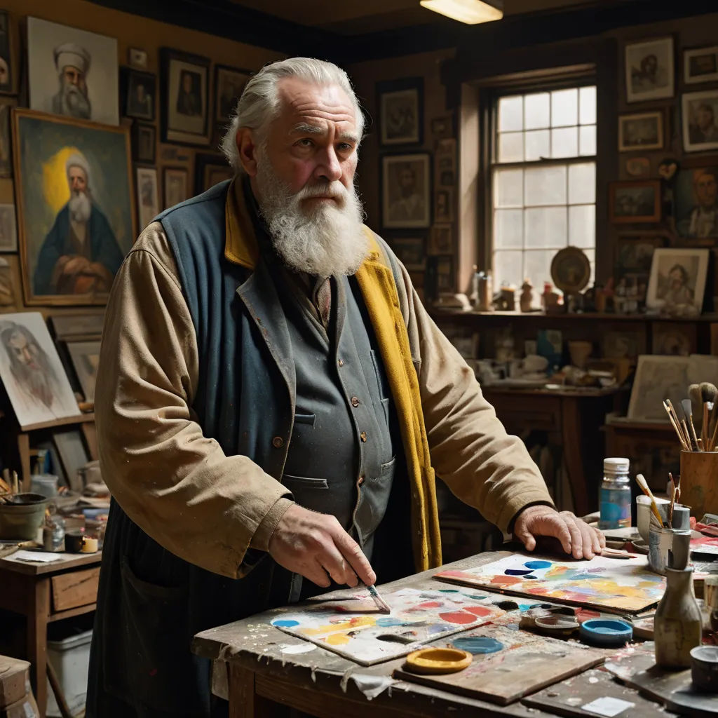 a man with a beard and a beard standing in front of a table with paintings on it and a bottle of paint, arts and crafts movement, a photorealistic painting, David Teniers III, j. c. leyendecker 8 k