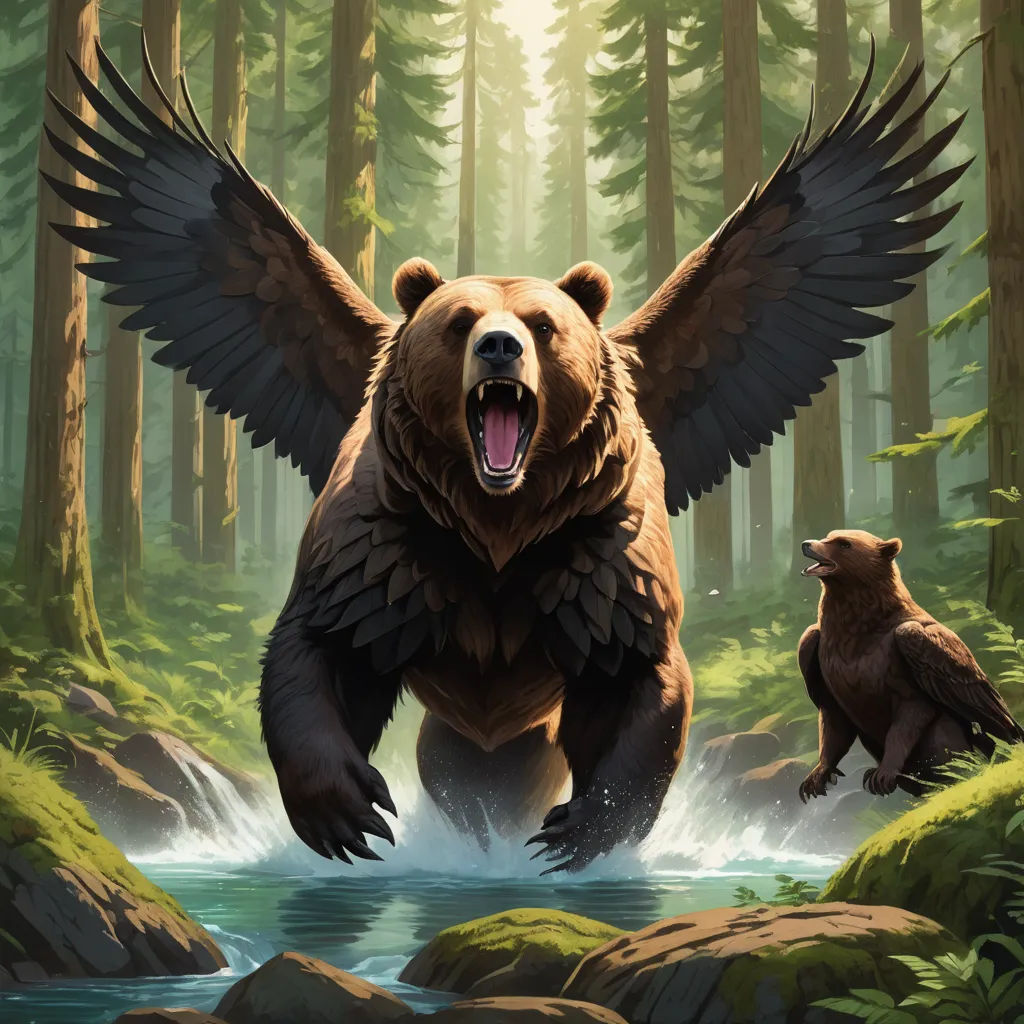 a bear with wings is standing in a forest with a bear cub in the water and another bear is standing in the water, fantasy art, concept art, Chris LaBrooy, magic the gathering artwork