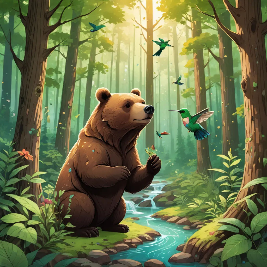 a bear is sitting in the forest and looking at a bird that is flying over him and the bear is looking at the bird, environmental art, a storybook illustration, Chris LaBrooy, official art