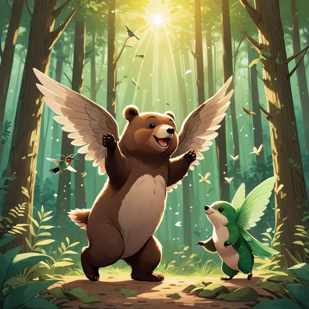 a bear and a bird are in the woods together, with the sun shining through the trees behind them, altermodern, a storybook illustration, Chris LaBrooy, official art