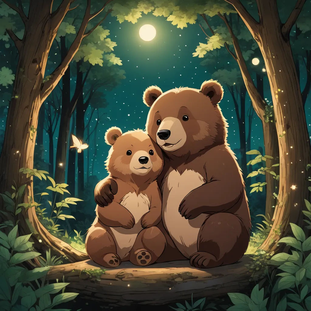 a couple of bears sitting on top of a log in the woods at night time with a full moon, furry art, a storybook illustration, Cyril Rolando, official art