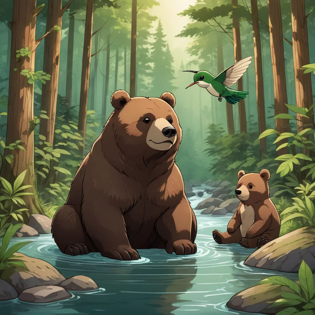 a bear and a bear cub are sitting in a river in the woods with a humming flying above them, environmental art, a storybook illustration, Dan Mumford, official art
