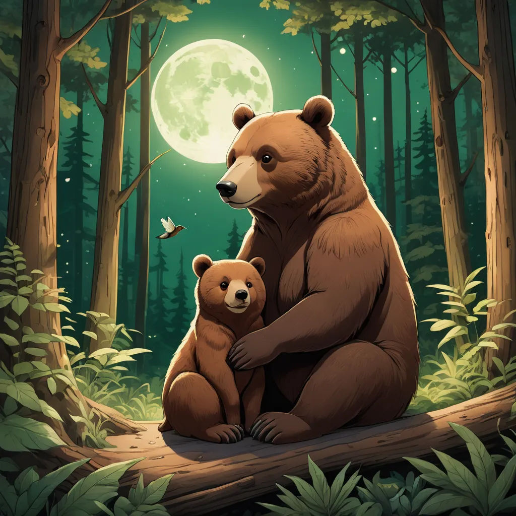 a bear and her cub are sitting on a log in the woods at night with a full moon in the background, furry art, a storybook illustration, Dan Mumford, official art