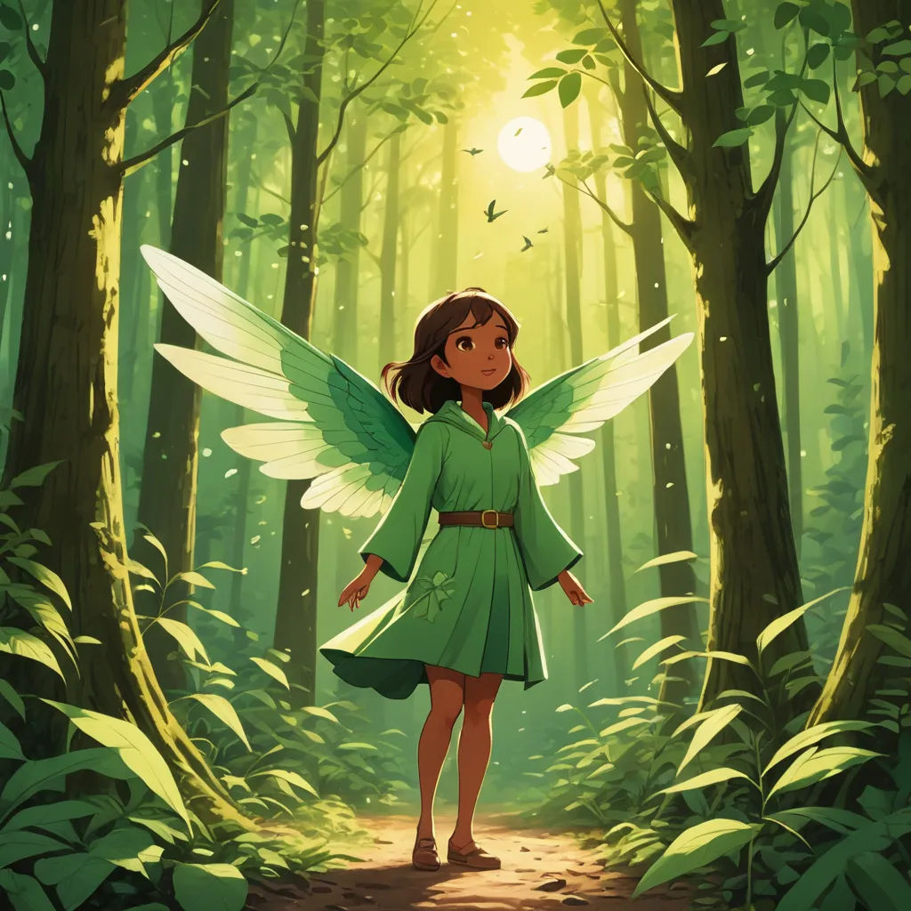 a cartoon fairy standing in the middle of a forest with her wings spread out and a sun shining through the trees, fantasy art, a storybook illustration, Cliff Childs, official art