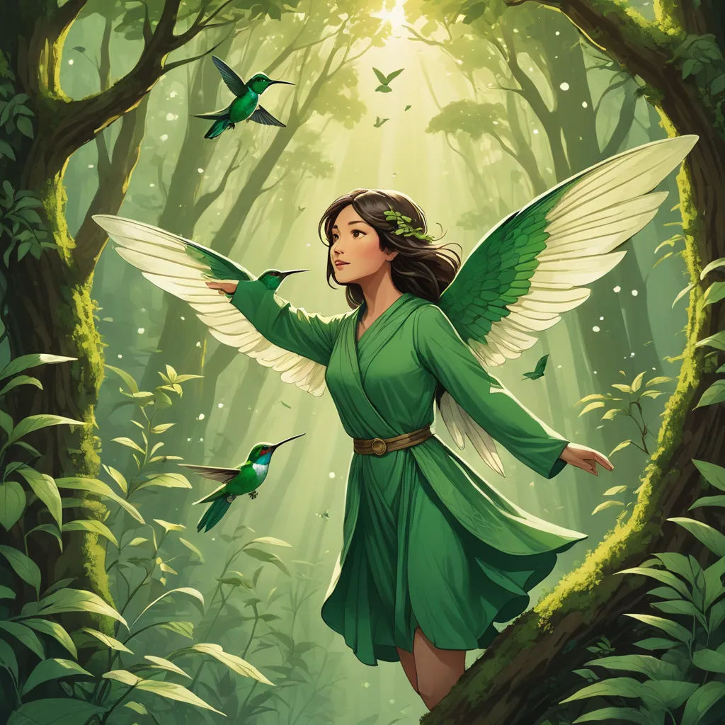 a painting of a woman in a forest with a bird flying over her shoulder and a humming in the foreground, fantasy art, a storybook illustration, Christophe Vacher, magic the gathering artwork