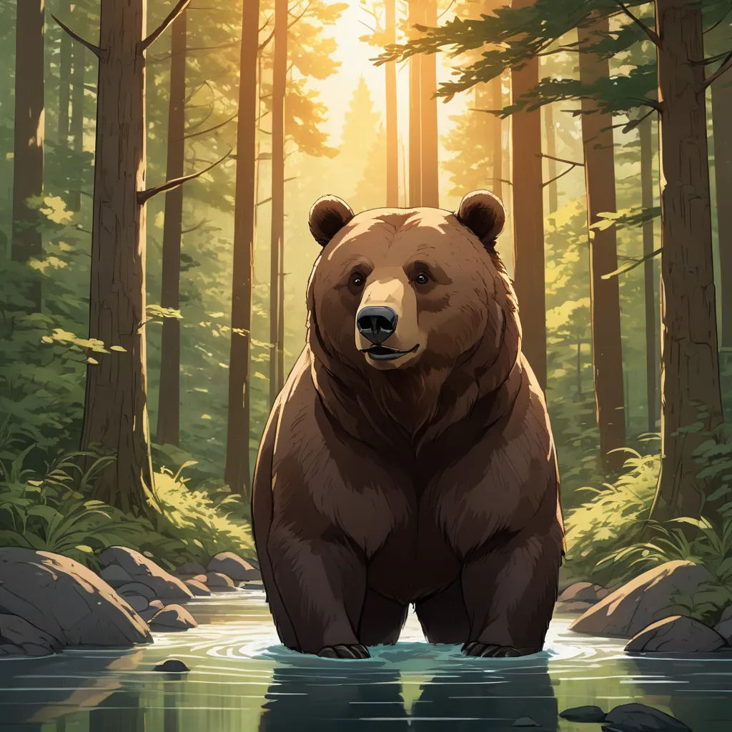 a bear standing in a river in a forest with the sun shining through the trees and the water reflecting its face, furry art, concept art, Dan Mumford, official art