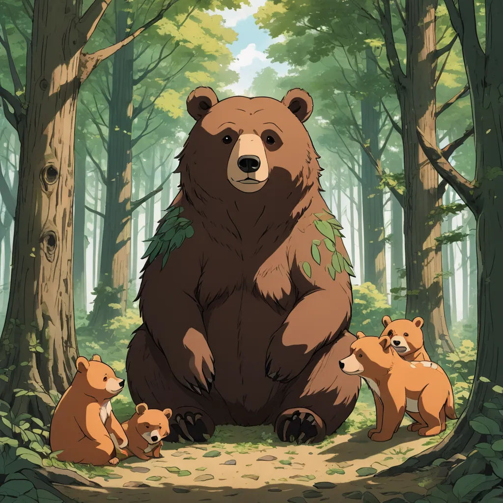 a bear and her cubs in a forest with trees and leaves on the ground and a sky background with a few clouds, furry art, concept art, Brom, official art