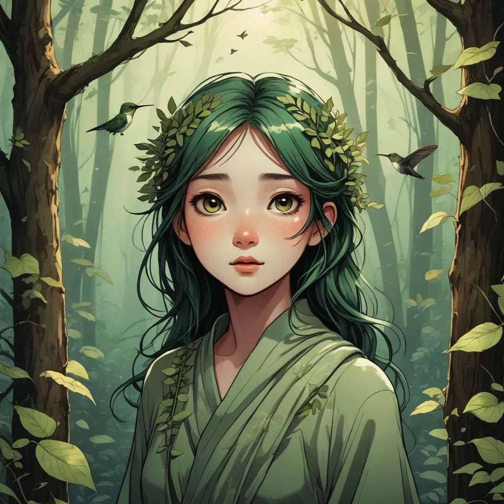 a girl with green hair standing in a forest with a bird flying overhead and a bird flying overhead above her head, fantasy art, a character portrait, Charlie Bowater, trending on art station