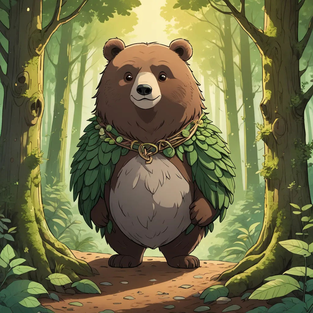 a bear with a green collar standing in a forest with trees and leaves on his chest and a chain around his neck, fantasy art, a character portrait, Chris LaBrooy, official art
