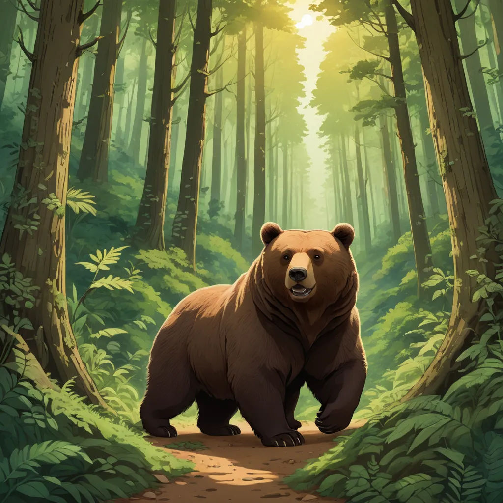 a bear is walking through a forest with a path leading to it's right side and the sun shining through the trees, furry art, a storybook illustration, Dan Mumford, official art