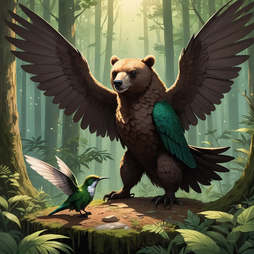 a bear and a bird in a forest with a bird flying by them and a bird on the ground, altermodern, a storybook illustration, Chris LaBrooy, magic the gathering artwork