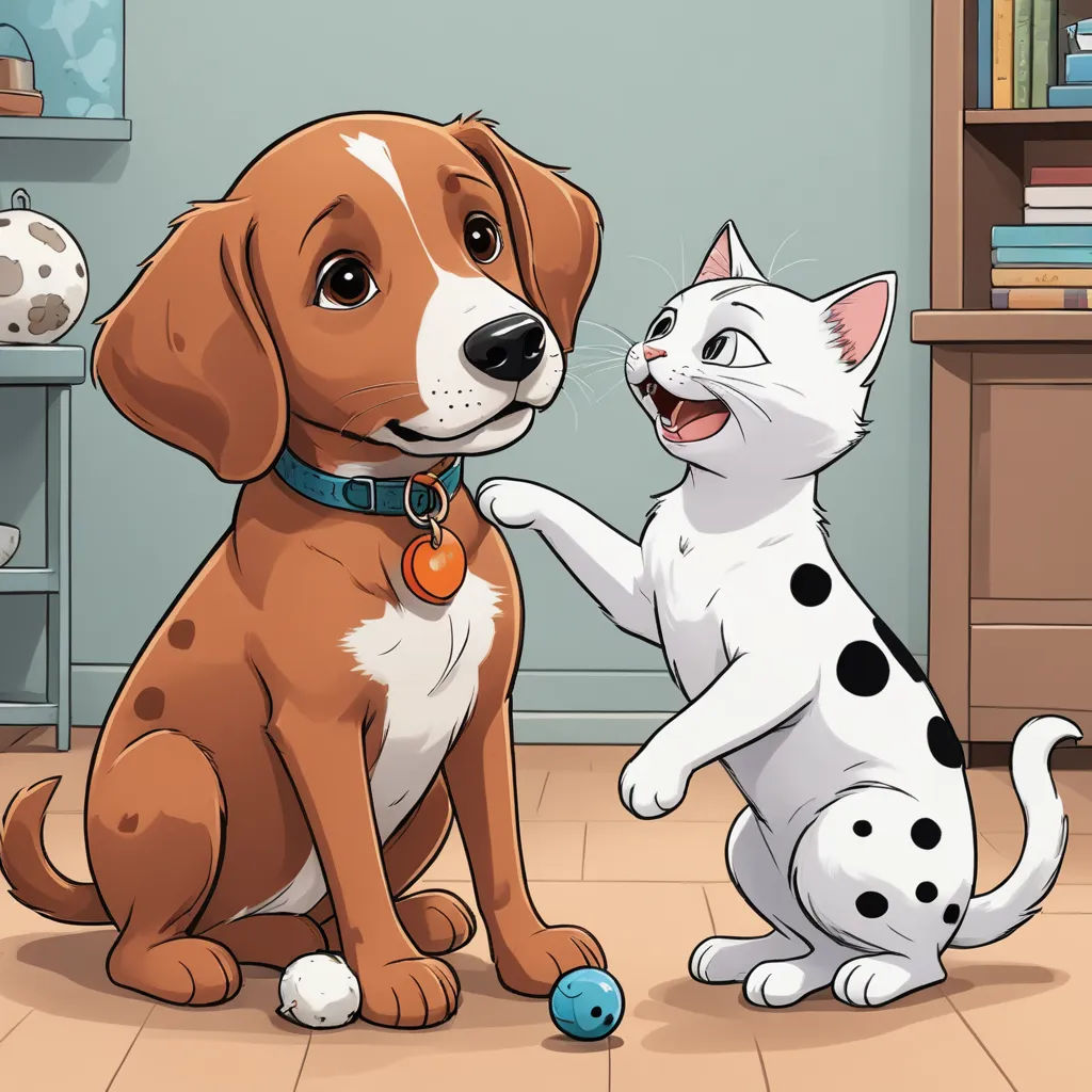 a dog and a cat are playing with each other in a room with a bookcase and a bookcase, sots art, a storybook illustration, David Brewster, official art