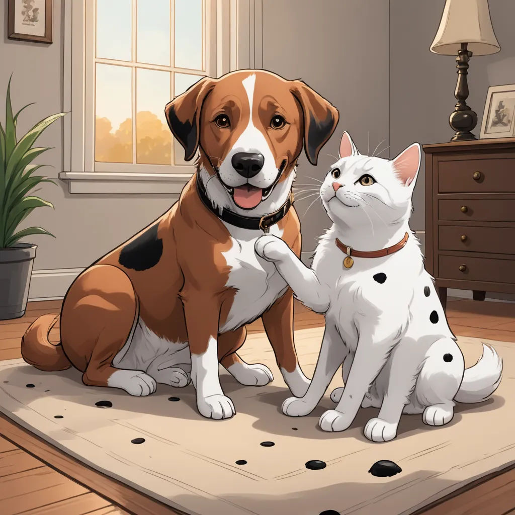 a dog and a cat sitting on a rug in a room with a window and a potted plant, sots art, a storybook illustration, David Brewster, official art