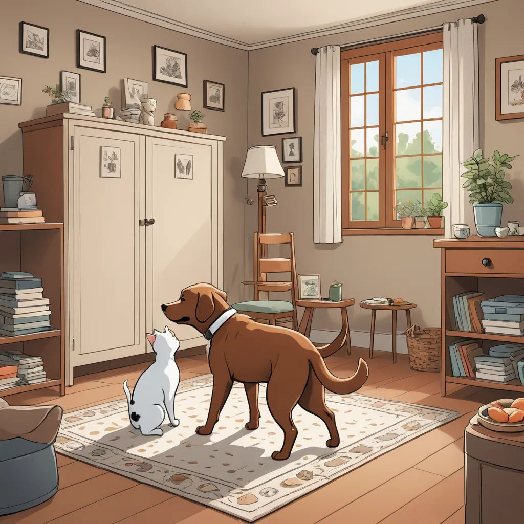 a dog and a cat are standing in a room with a rug on the floor and a bookcase, furry art, a storybook illustration, Beatrix Potter, official art