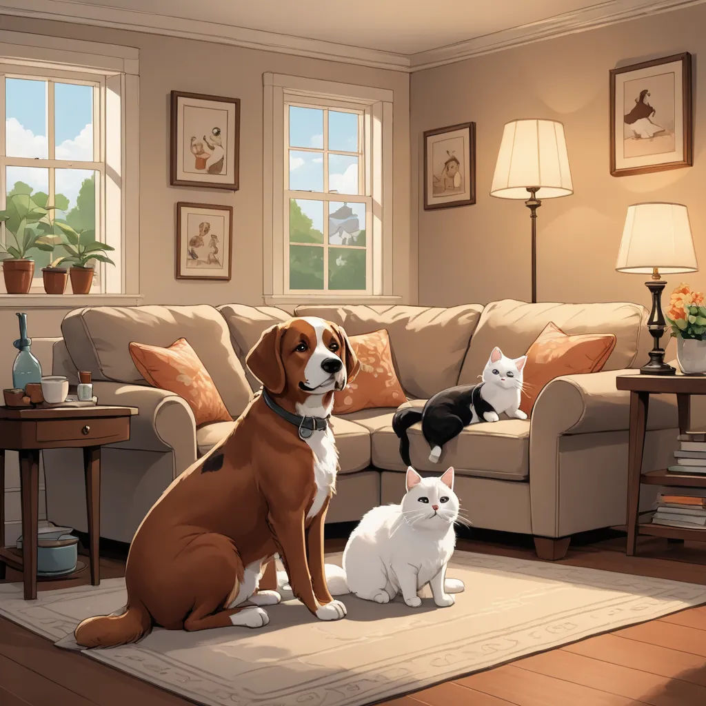 a dog and three cats sitting on a rug in a living room with a couch and a table with lamps, american scene painting, a storybook illustration, Chris LaBrooy, promotional image