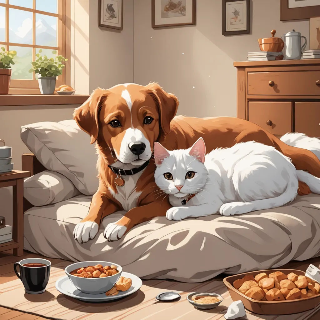 a dog and a cat are laying on a bed together, with a bowl of food in front of them, furry art, a storybook illustration, Chris LaBrooy, official art