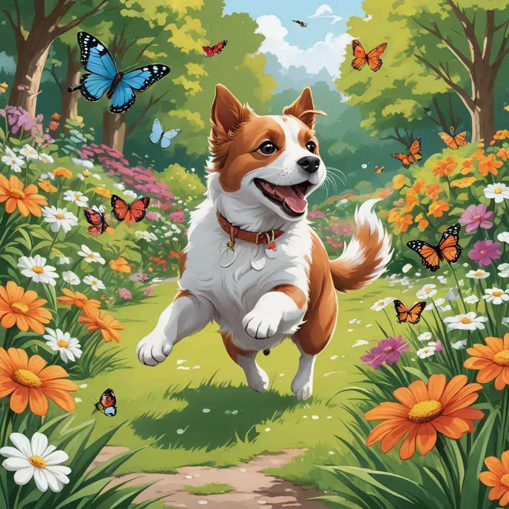 a dog running through a field of flowers and butterflies with a butterfly in the background of the picture,, sots art, a storybook illustration, Chris LaBrooy, official art