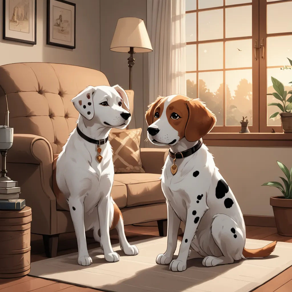 a couple of dogs sitting on top of a rug in a living room next to a couch and a chair, american scene painting, a storybook illustration, Brothers Hildebrandt, official art
