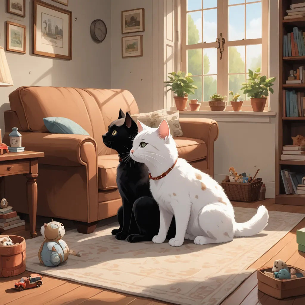 a cat and a dog sitting on a rug in a living room with a couch and a coffee table, furry art, a storybook illustration, David Brewster, official art