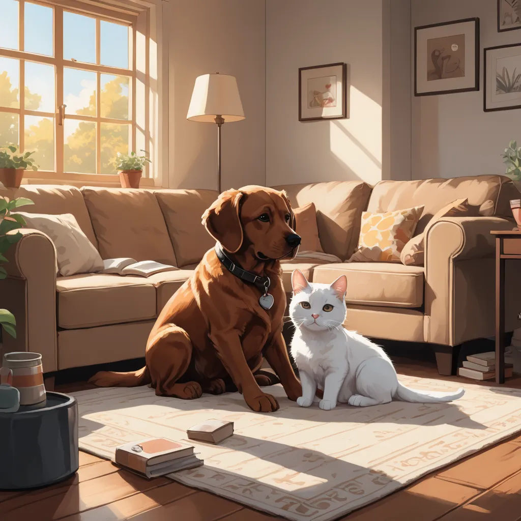 a dog and a cat sitting on a rug in a living room with a couch and a window in the background, sots art, a storybook illustration, Atey Ghailan, rossdraws global illumination