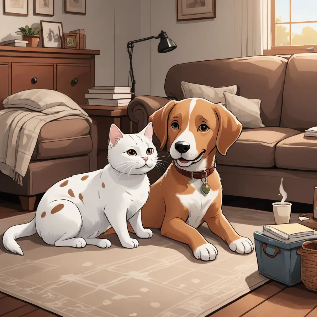 a dog and a cat sitting on a rug in a living room with a couch and a coffee table, sots art, a storybook illustration, David Brewster, official art
