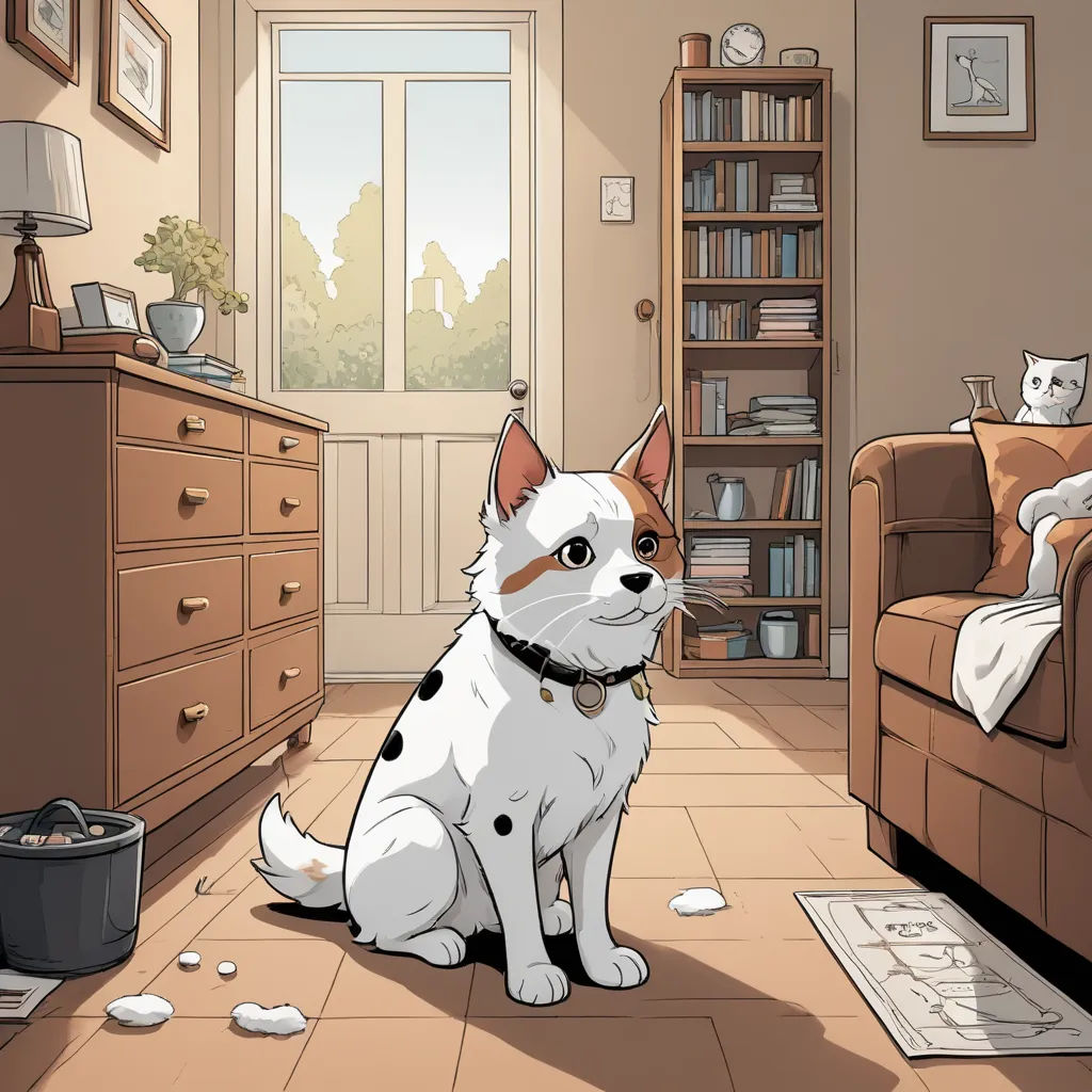 a cat sitting on the floor in a room with a bookcase and a cat on the floor looking at the camera, sots art, a comic book panel, Chris Ware, official art