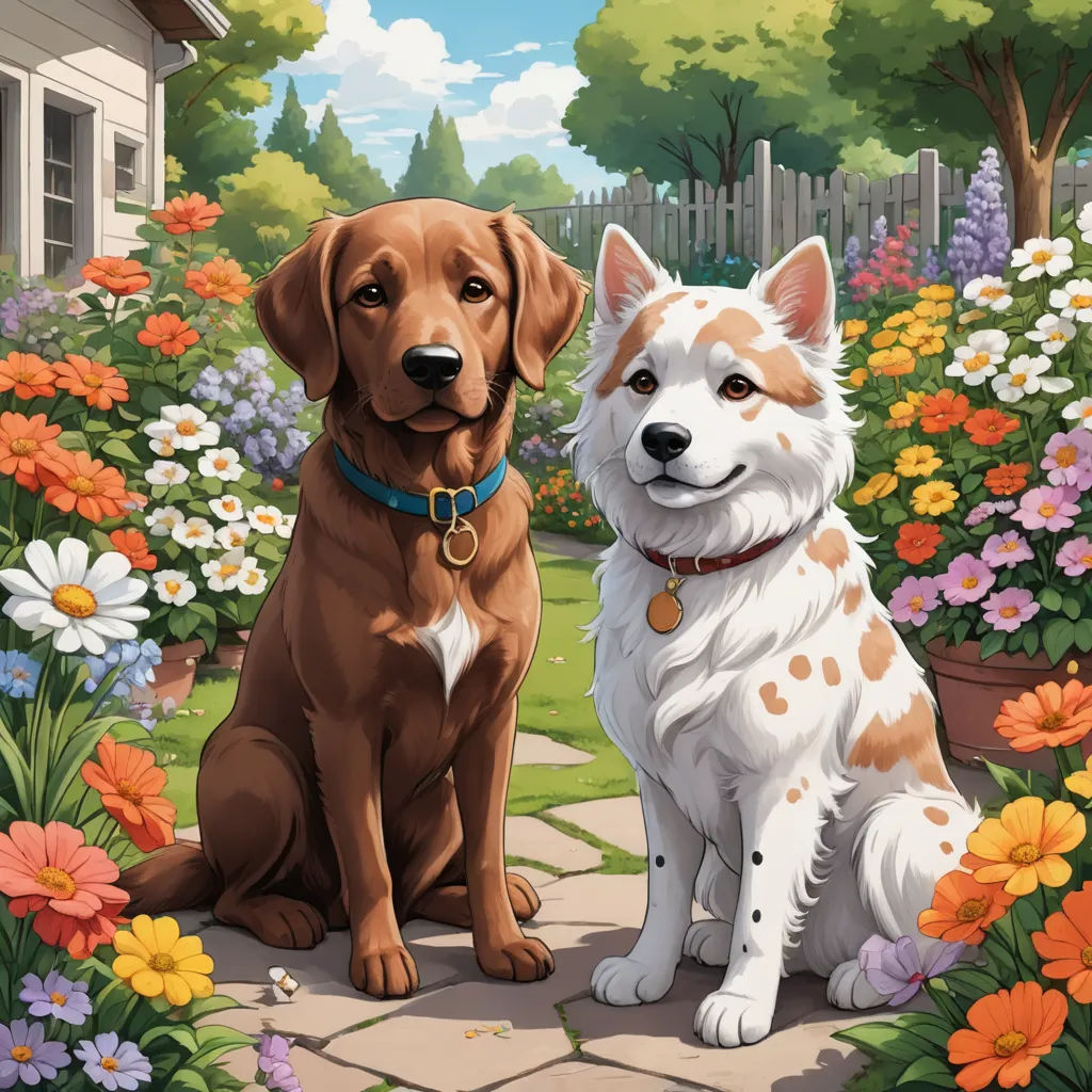 a dog and a dog sit in a garden with flowers and a house in the background, with a fence in the background, sots art, a storybook illustration, Brothers Hildebrandt, key art