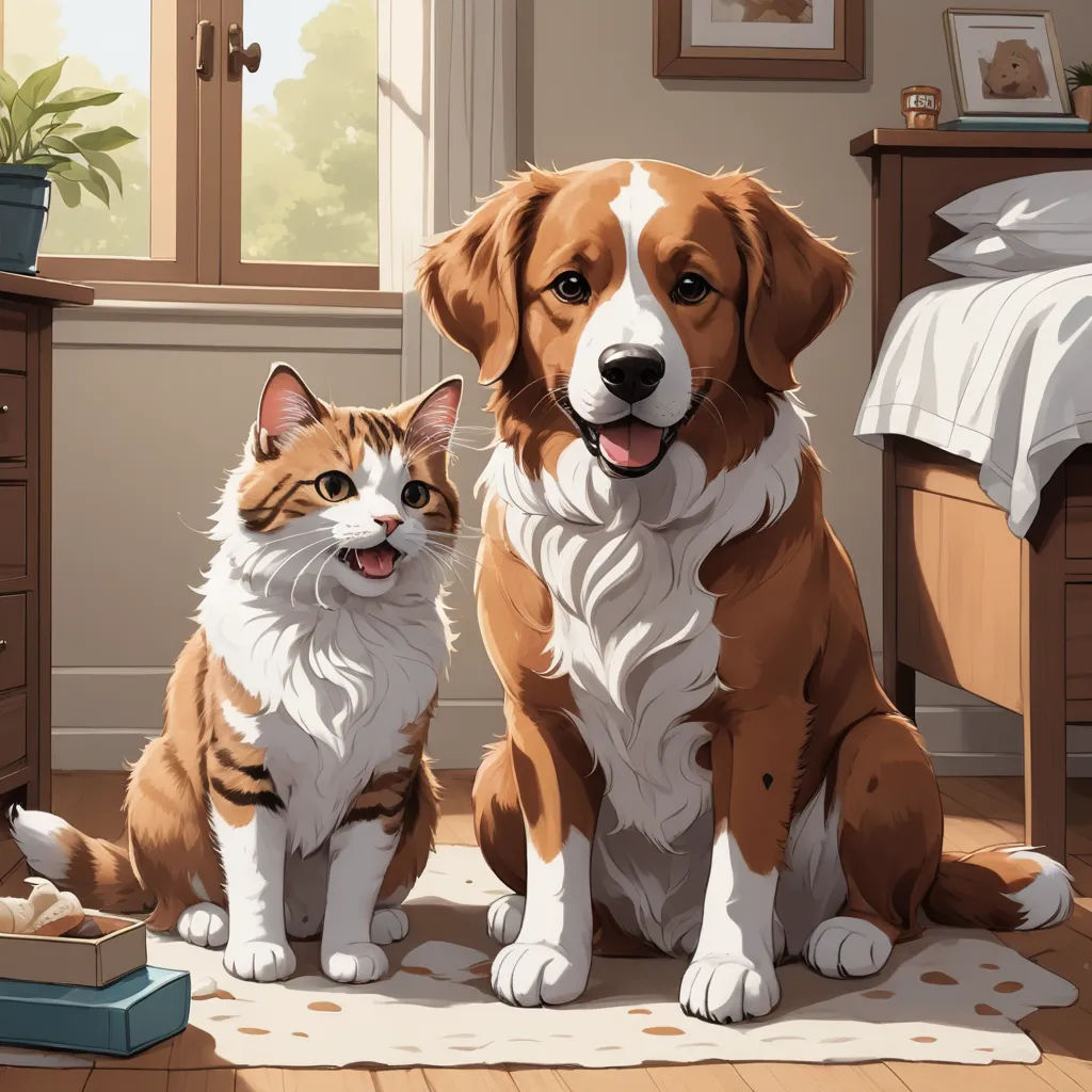 a dog and a cat sitting on the floor in a room with a bed and a dresser with a cat, furry art, a storybook illustration, Brothers Hildebrandt, official art