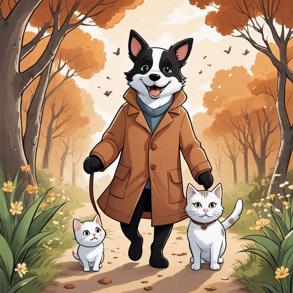a dog and cat are walking down a path in the woods with trees and leaves on either side of them, furry art, a storybook illustration, David Brewster, autumn