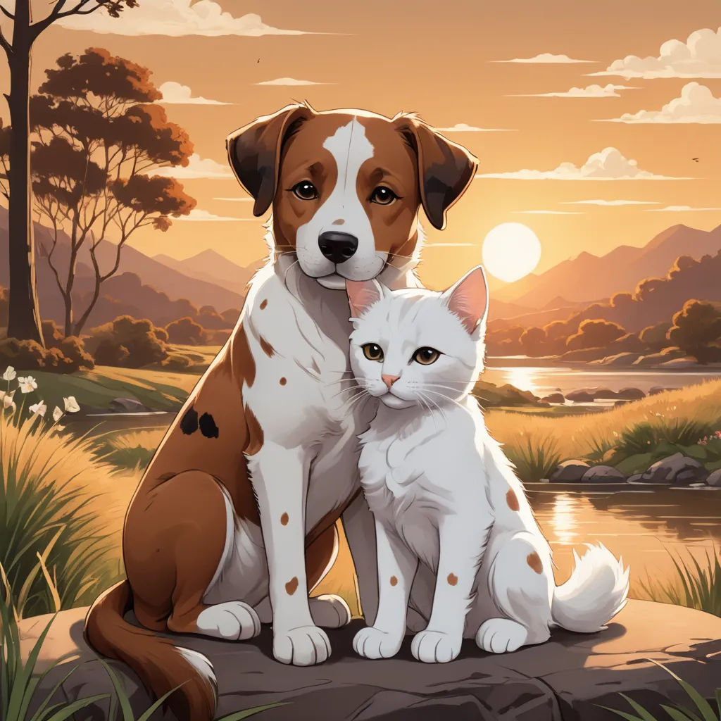 a dog and a cat sitting on a rock in a field with a sunset in the background and a river running through the grass, furry art, a storybook illustration, Brothers Hildebrandt, key art
