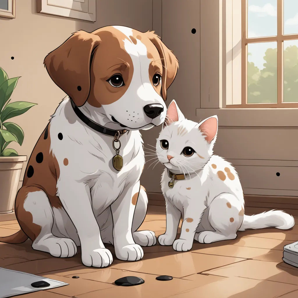 a dog and a cat sitting on the floor in front of a window with a plant in the background, sots art, a detailed painting, Charles Schulz, official art