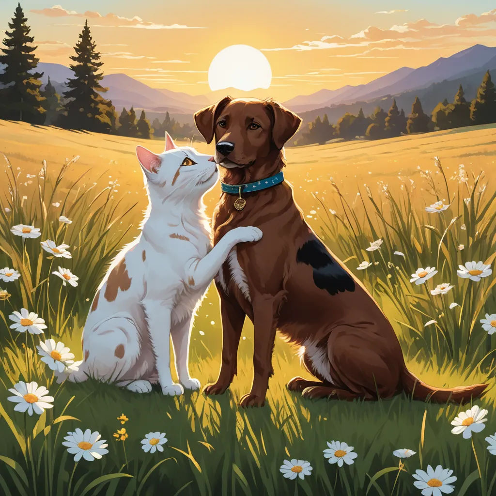a dog and cat sitting in a field of flowers with the sun setting behind them and a mountain range in the distance, sots art, a storybook illustration, Brothers Hildebrandt, key art