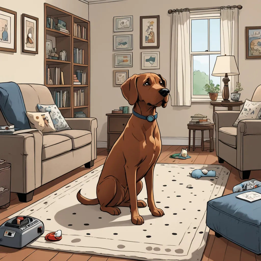 a dog sitting on a rug in a living room with a couch and a coffee table with a suitcase, american scene painting, a storybook illustration, Chris Ware, storybook illustration