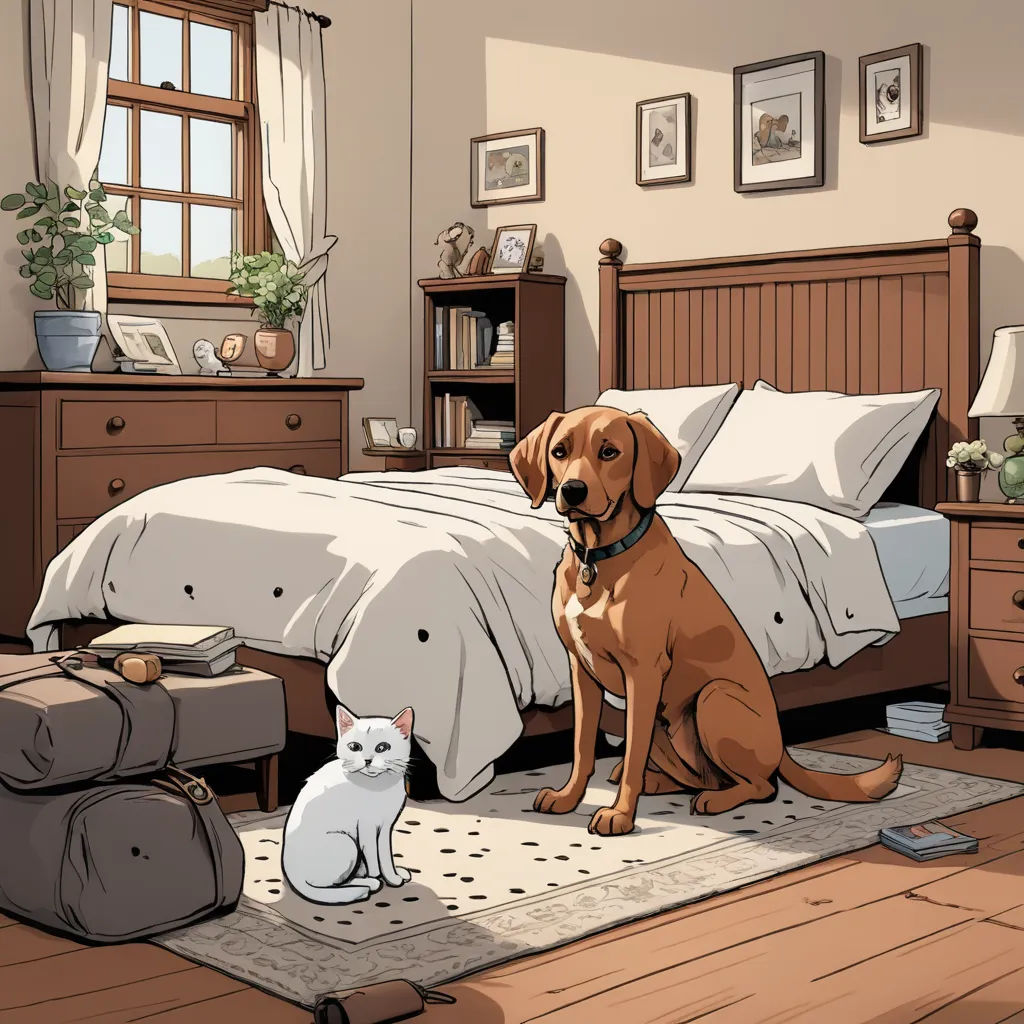 a dog and a cat sitting on a rug in a bedroom with a bed and dressers and a window, furry art, a storybook illustration, Chris Ware, storybook illustration