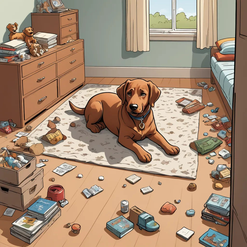 a dog laying on a rug in a messy room with books scattered all over the floor and a window, furry art, a storybook illustration, Chris LaBrooy, storybook illustration