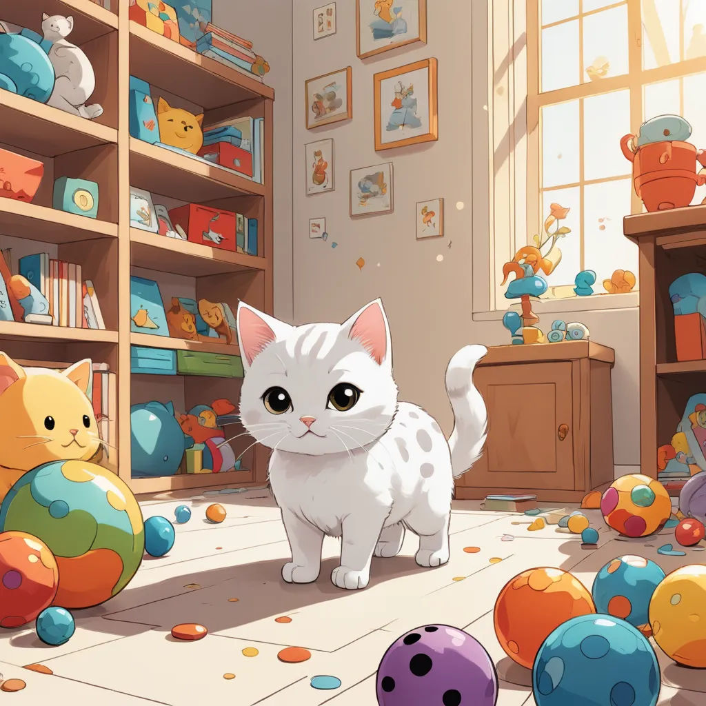 a white cat standing in a room with toys all around it and a book shelf full of books and toys, sots art, a storybook illustration, Cyril Rolando, trending on art station