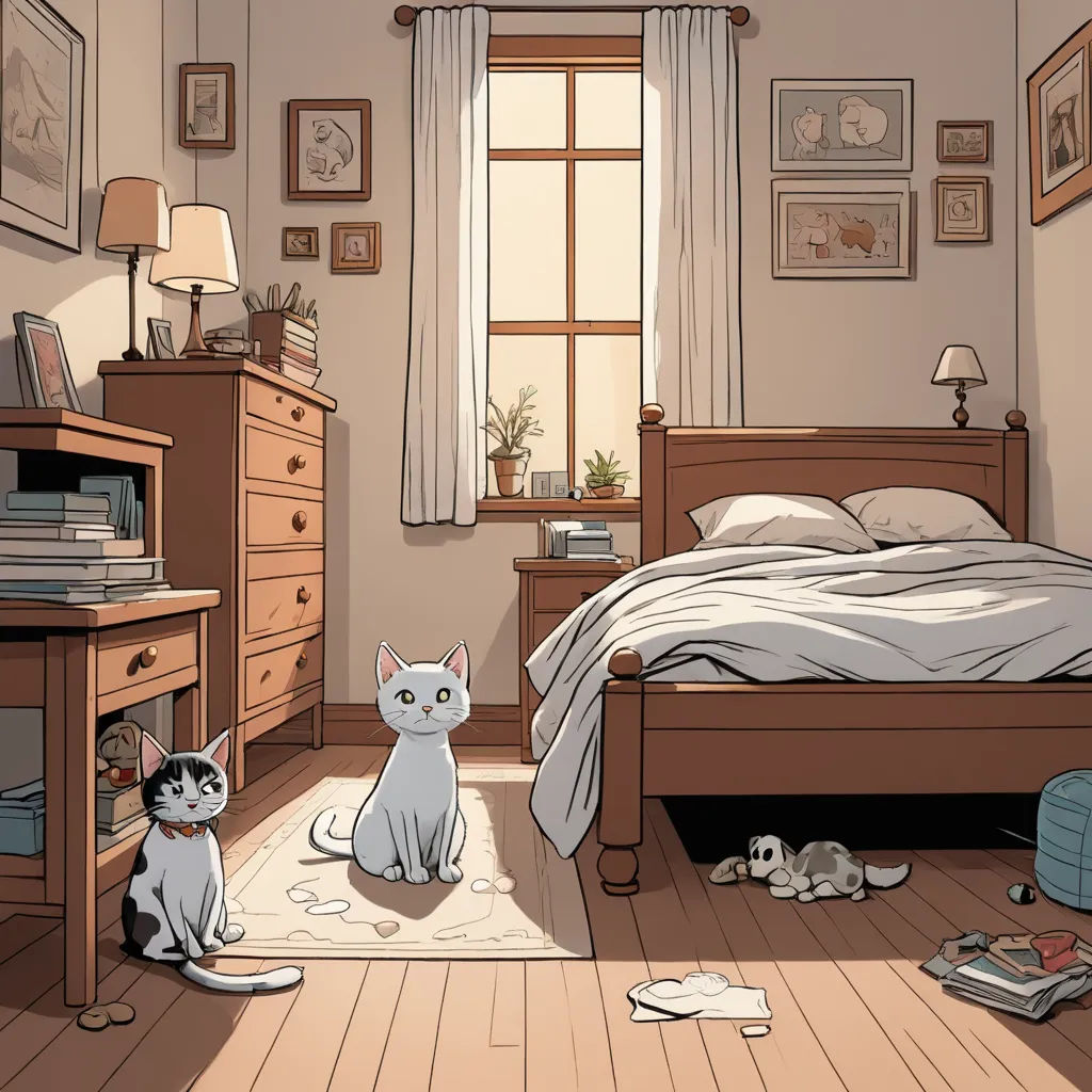 a cat sitting on the floor in a bedroom with a bed and dressers and a window with curtains, furry art, a comic book panel, Atey Ghailan, rossdraws global illumination