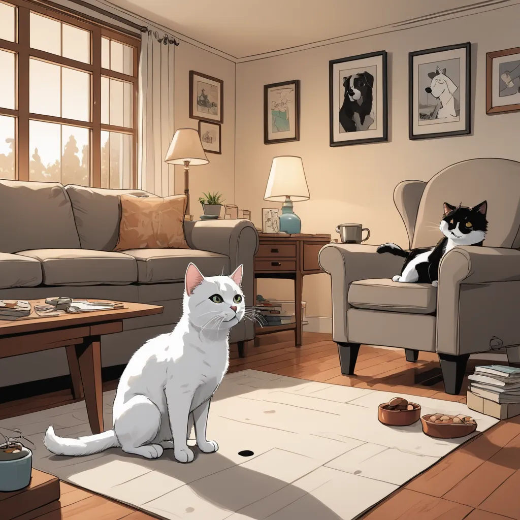 a cat sitting on the floor in a living room next to a couch and a chair with a cat sitting on it, sots art, a comic book panel, David Brewster, official art