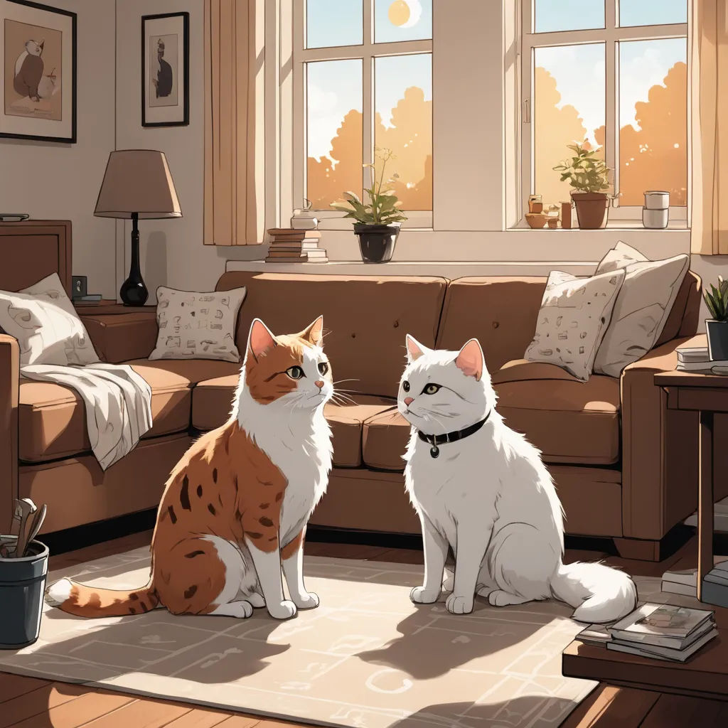 a cat and a cat sitting on a rug in a living room with a couch and a window in the background, furry art, a comic book panel, Atey Ghailan, official art