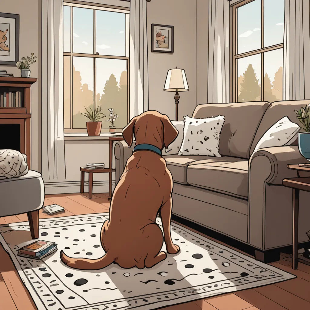 a dog sitting on a rug in a living room with a fireplace and a couch in the background with a dog on the rug, furry art, a comic book panel, Chris Ware, graphic novel