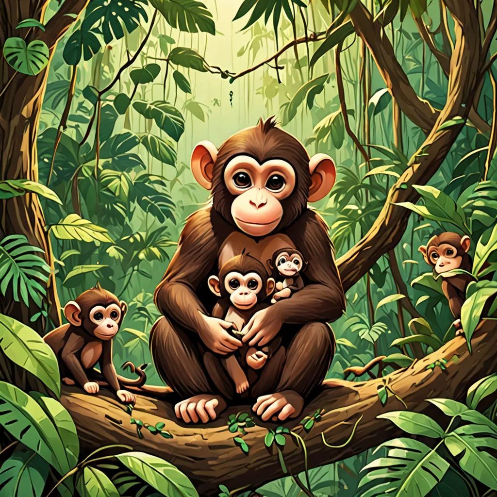 a monkey and her two babies are sitting on a tree in the jungle with green leaves and a sun shining through the trees, sumatraism, a storybook illustration, Alex Petruk APe, highly detailed digital painting